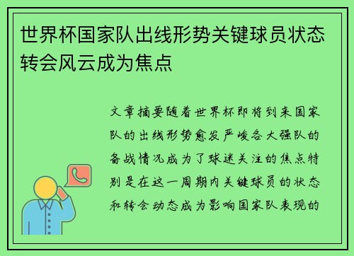 世界杯国家队出线形势关键球员状态转会风云成为焦点